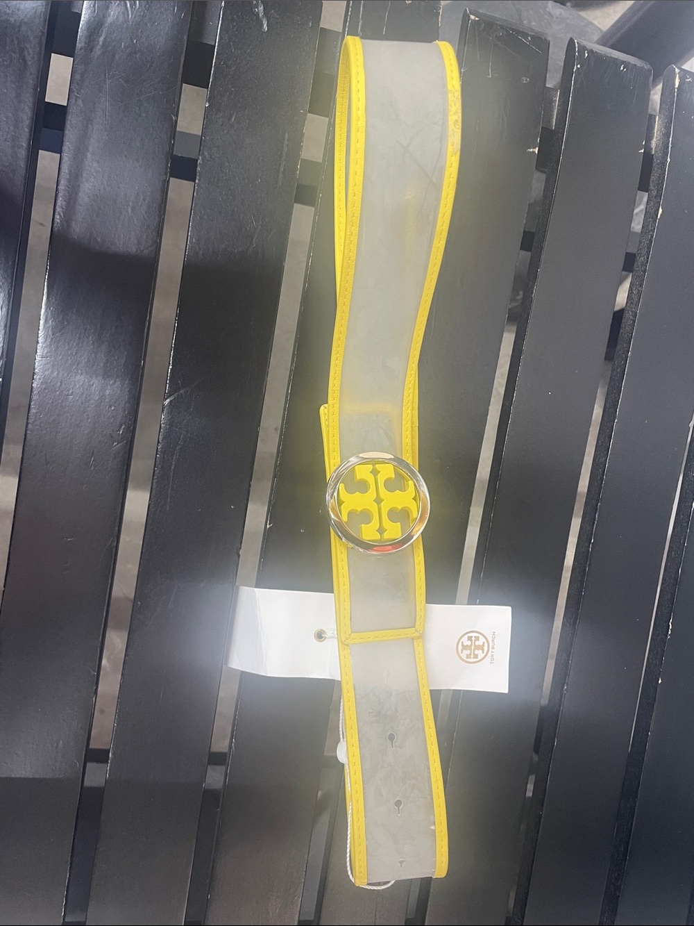 Tory Burch Clear Belt with Yellow Trim and Logo Buckle